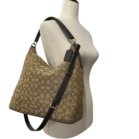 Coach Celeste Khaki & brown Canvas & Leather Convertible Hobo Crossbody F58327 - Picture 14 of 14